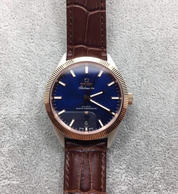 Omega Globemaster Master Chronometer Blue Dial RG Bezel Leather Strap A8900