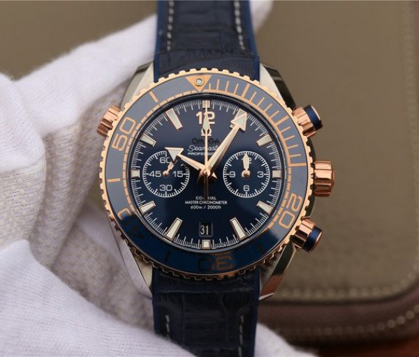 Omega OMF Planet Ocean Master Chronometer SS/RG Blue Bezel Blue Dial Leather Strap A9901