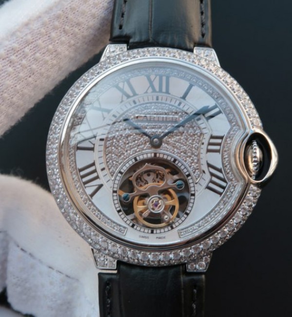 Cartier Ballon Bleu de Cartier Tourbillon SS Paved Diamonds Black Leather Strap