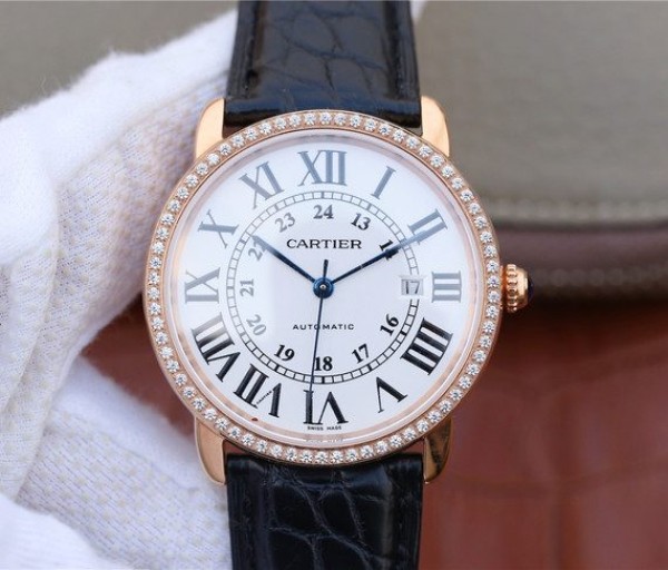 Cartier Ronde De Cartier RG White Dial Diamonds Bezel Croco Strap A2892