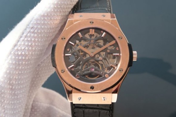 Hublot Classic Fusion Tourbillon RG 45mm TF Skeleton Dial Black Gummy Strap A23J