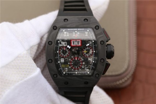 Richard Mille RM011 NTPT Carbon Case Chronograph KVF Crystal Skeleton Dial Red Black Rubber Strap A7750