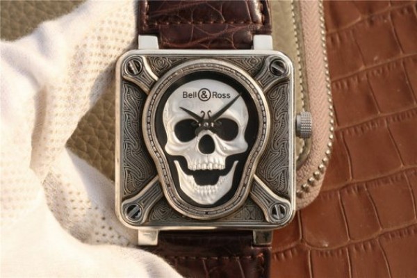 Bell & Ross BR01 Silver Case Burning Skull Tattoo Watch Silver Dial Leather Strap MIYOTA 9015