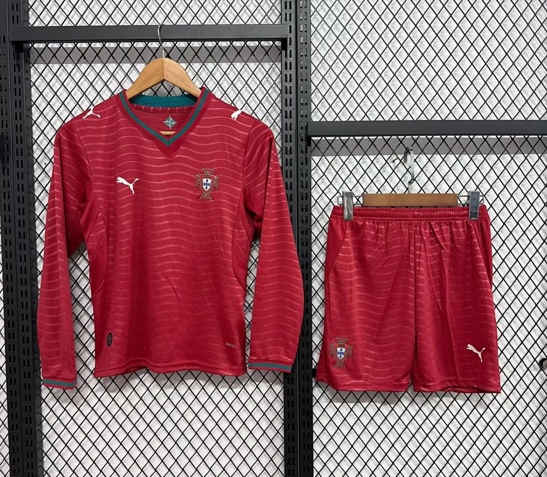 2026 Portugal Home World Cup Soccer Kids Long Sleeve Kit Jersey+Shorts