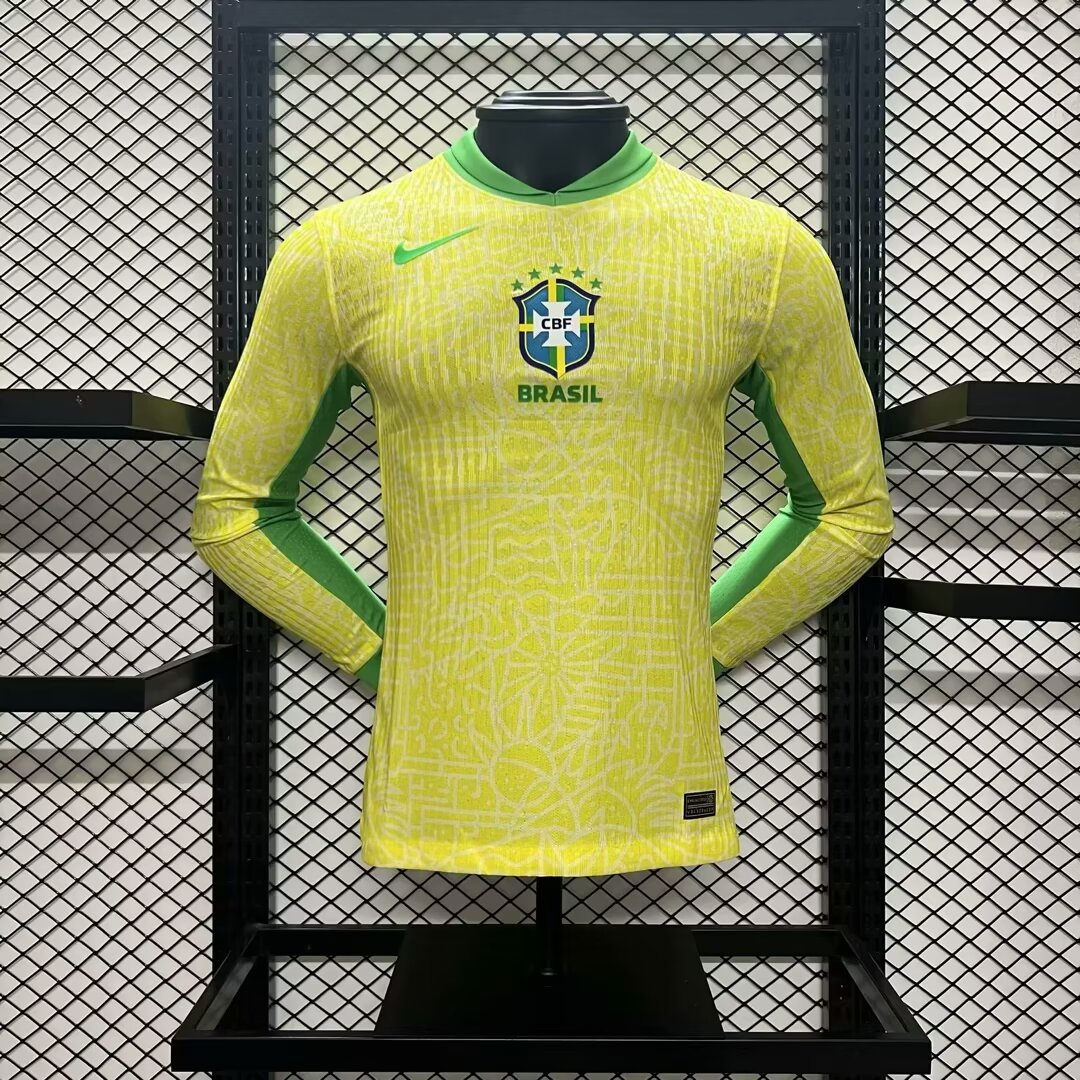 2024 Brazil Home Copa America Football Jersey Player Version Long Sleeve