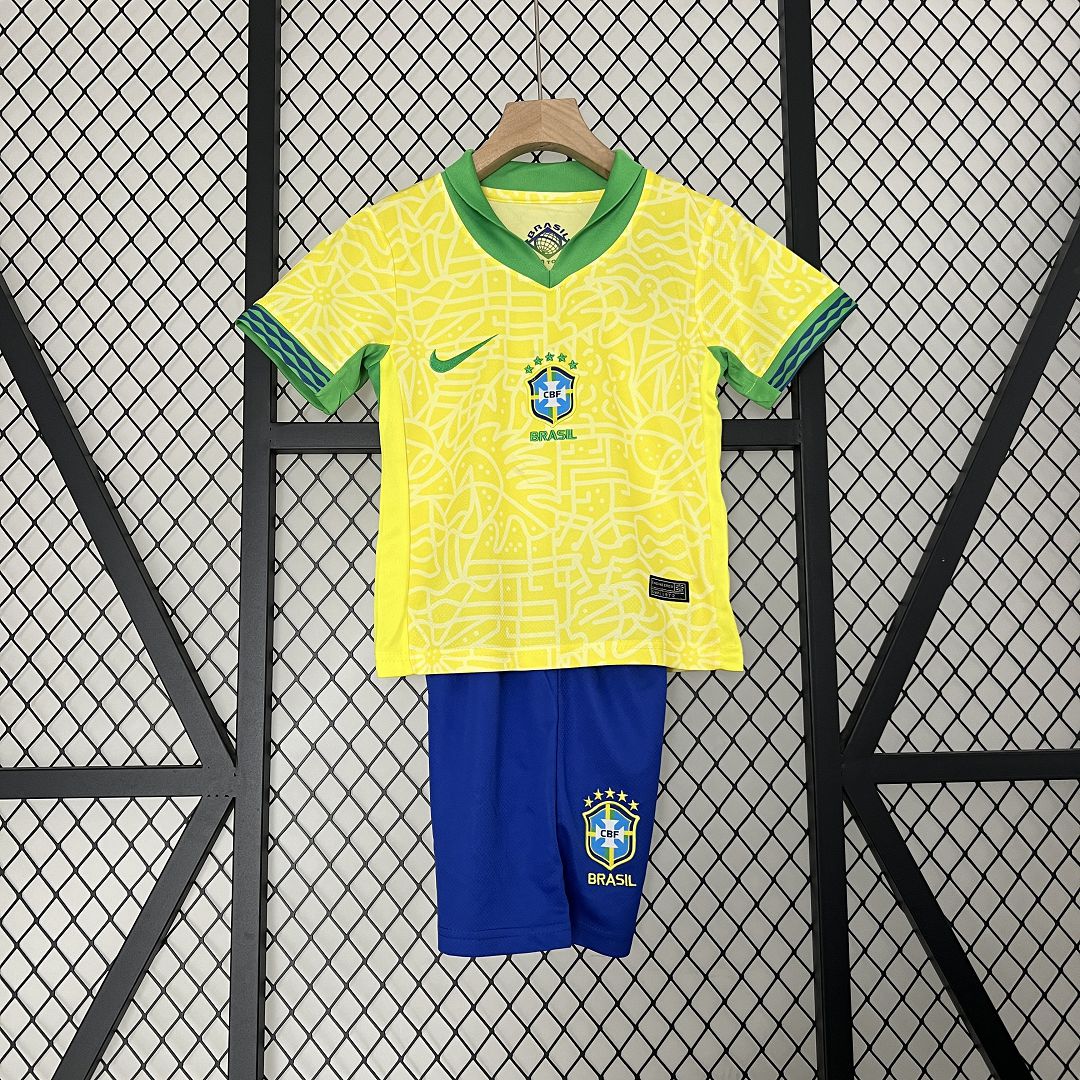 2024 Brazil Home Copa America Football Kids Kit Jersey+Shorts