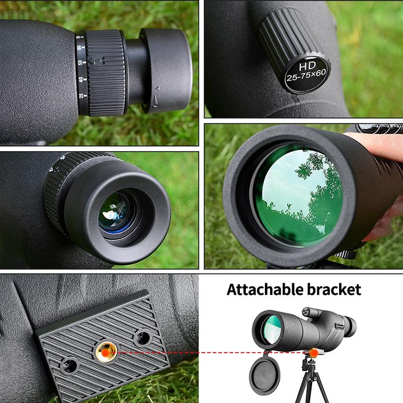 25-75x60 HD Spotting Scope Powerful Monocular Zoom Telescope Prism Waterproof for Birdwatching Target Shooting Camping