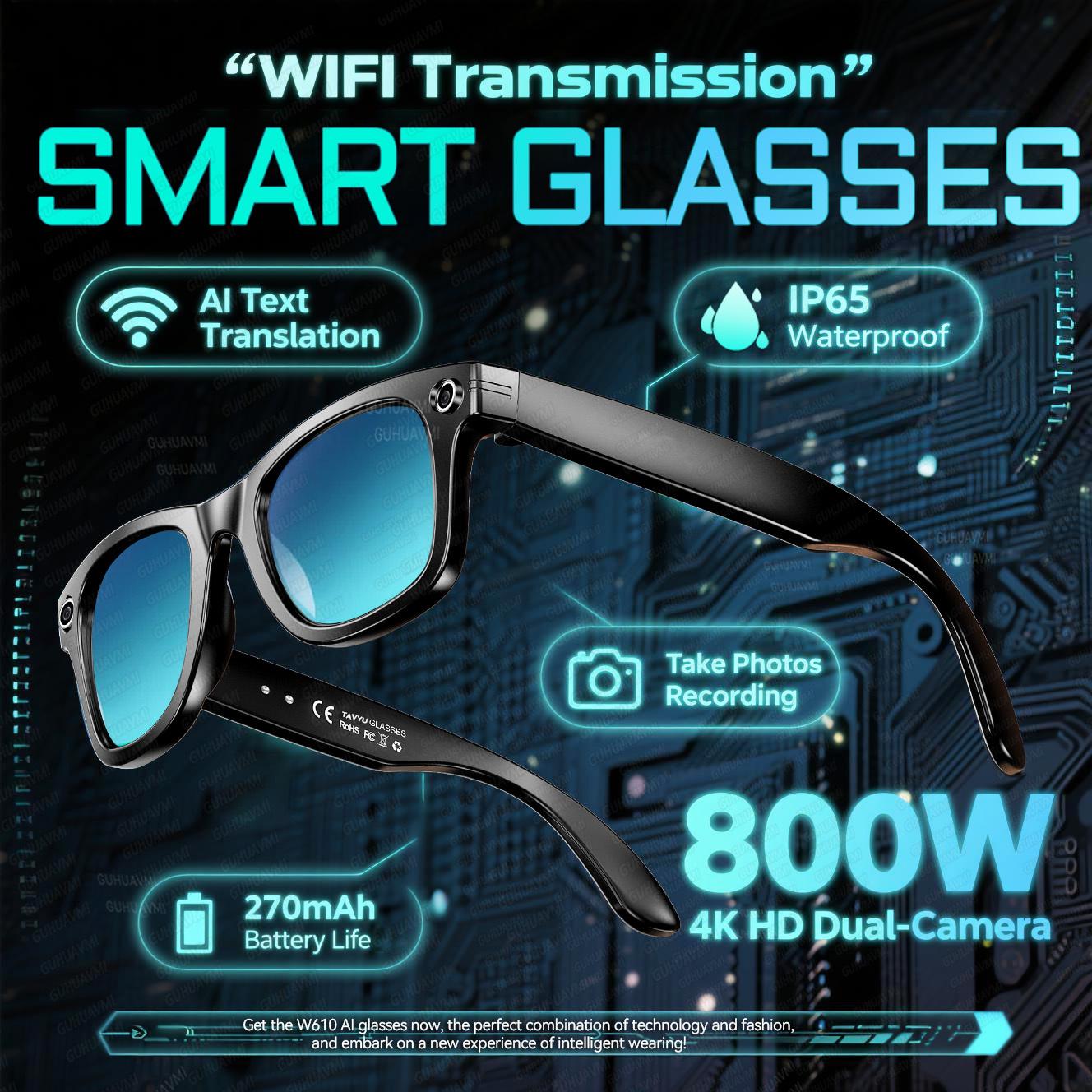 New Smart Glasses Men 8MP Camera WiFi Bluetooth Touch Control IP65 Waterproof AI Translation Noise Cancelling AI Glasses Women