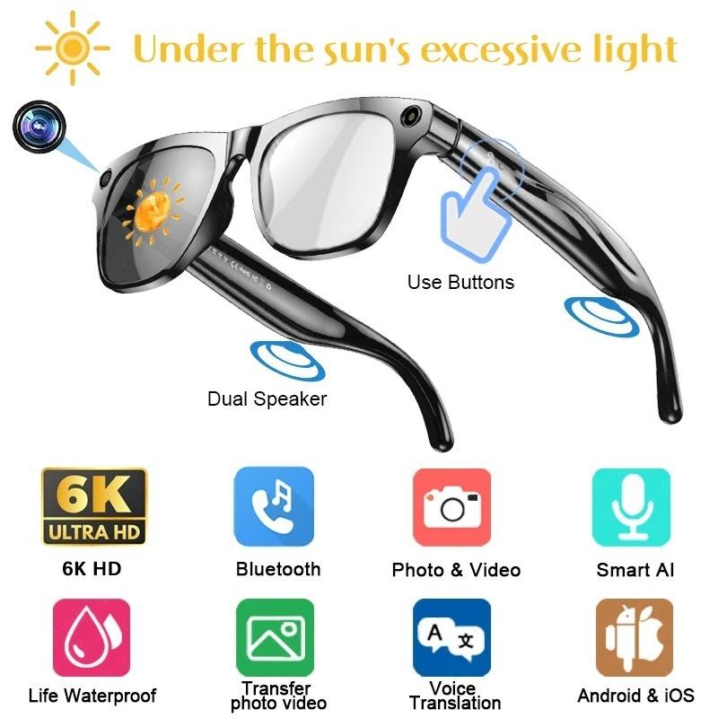 6K HD AI Smart Glasses Photochromic Multifunction Bluetooth Calling Voice Assistant Music Player Translate Camera 2026