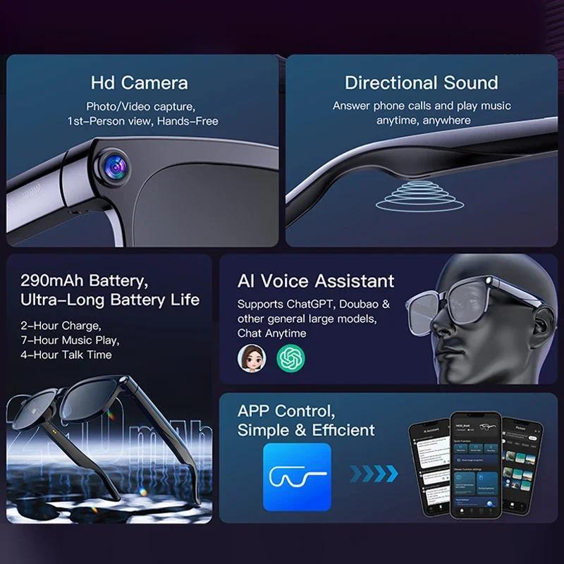 2025 smart glasses bluetooth camera Recording Videos AI Photo Recognition Answer 100+ Languages Translation Music Play Men Women