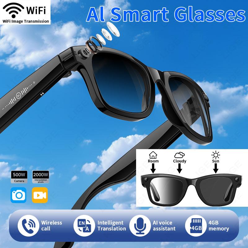 LIGE New 500W Camera Glasses Bluetooth Smart Glasses with Camera Voice Call Music Smart Sunglasses Video Sound Record AI Glasses