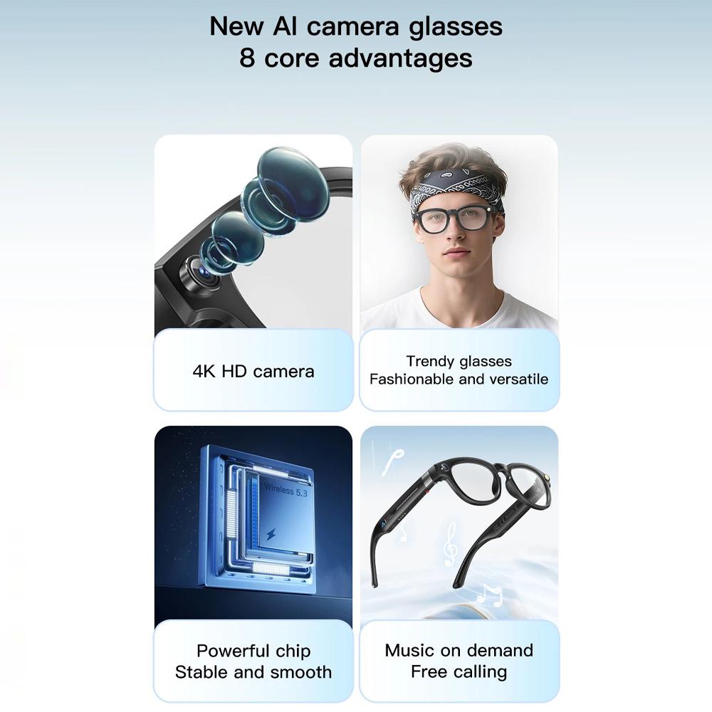 Smart glasses, Q8 AI, real-time translation, HD image restoration, sunglasses with music playback, suitable for office, business, travel, sports, camera