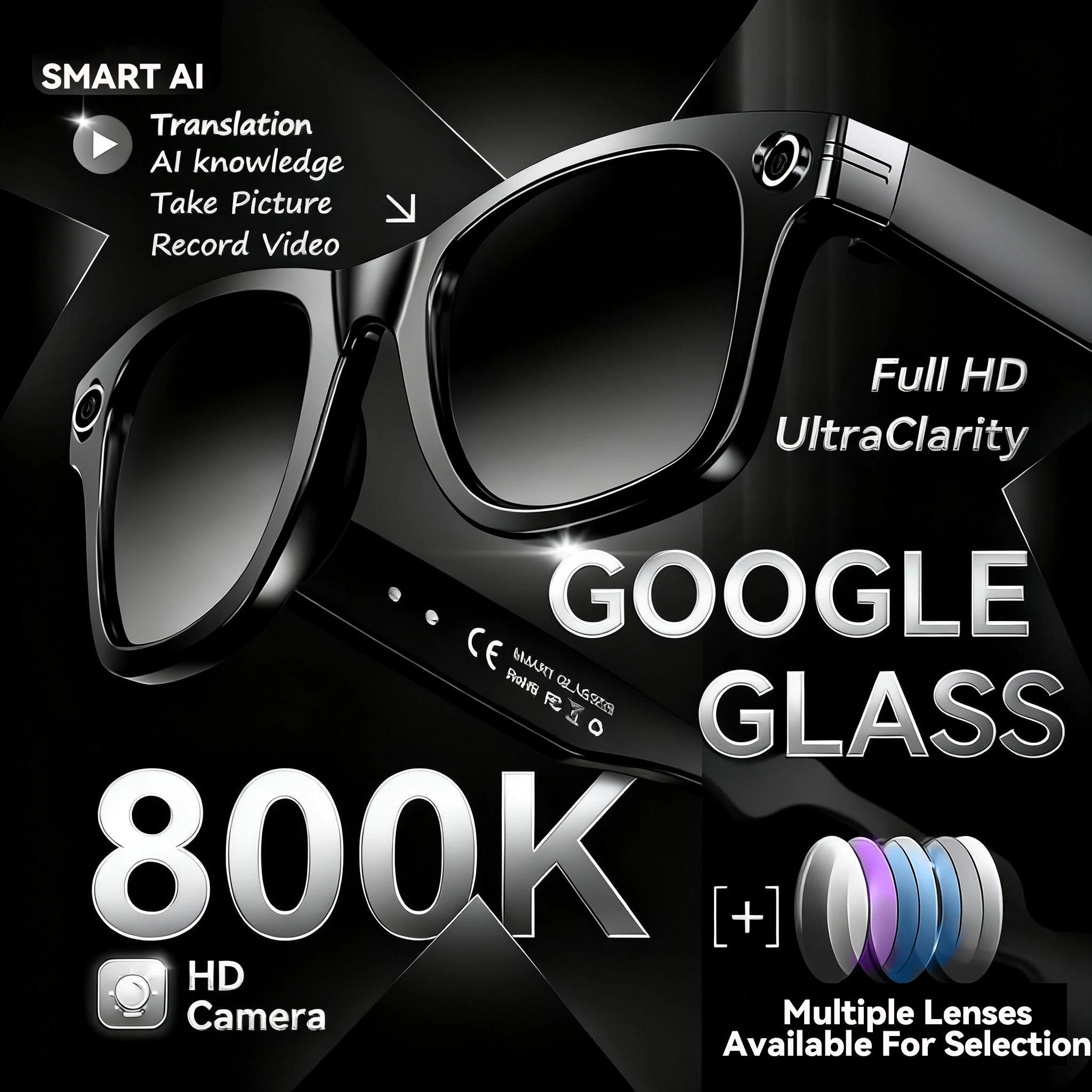 Smart Glasses, AI Technology, 8MP Video Camera, Translation in 100+ Languages, Men