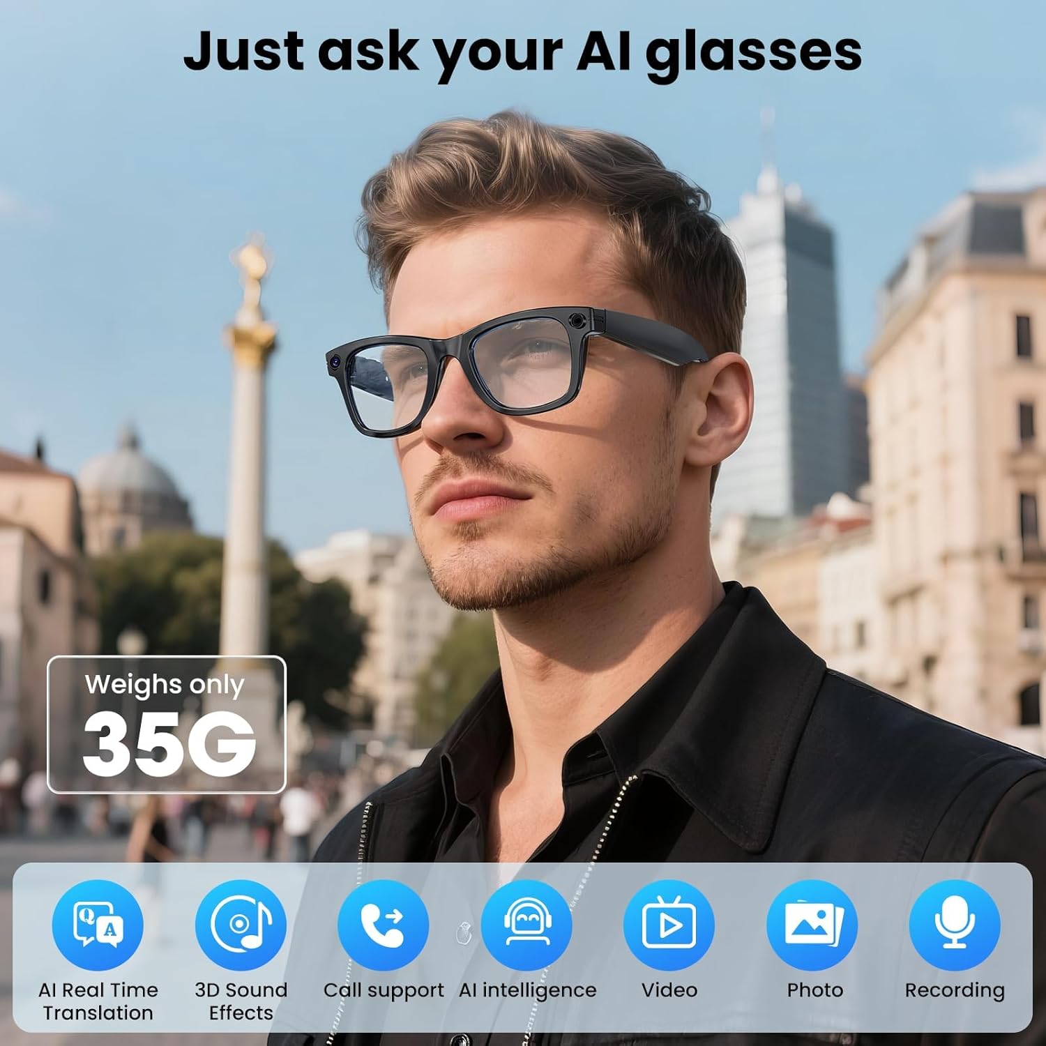 Smart Glasses, 800W Camera, For Women, Video Recording, AI Photo Recognition, Eyewear, Earphones, Call Translation, Voice Sunglasses, For Men