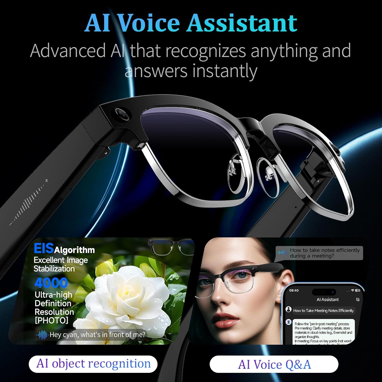Smart glasses with AI translation, WiFi calling and sharing, UV protection lenses, 4GB memory, AI chat functionality, ideal for outdoor sports, sunglasses, new model from 2026