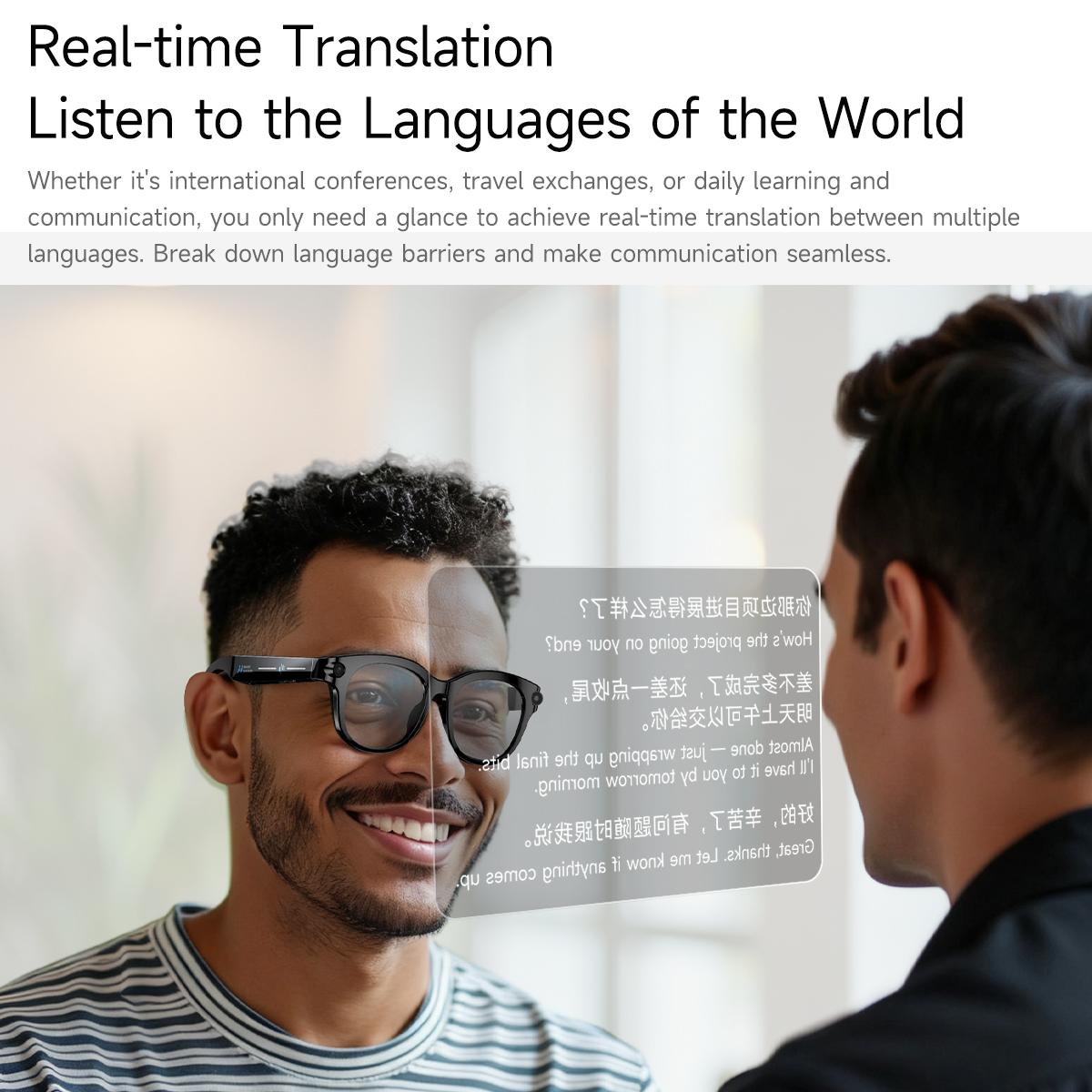 Smart glasses with AI technology, new AI features, HD camera, LED lights, AI translation, conversation mode, 290mAh battery, perfect for meetings, video recording, and outdoor sports sunglasses.