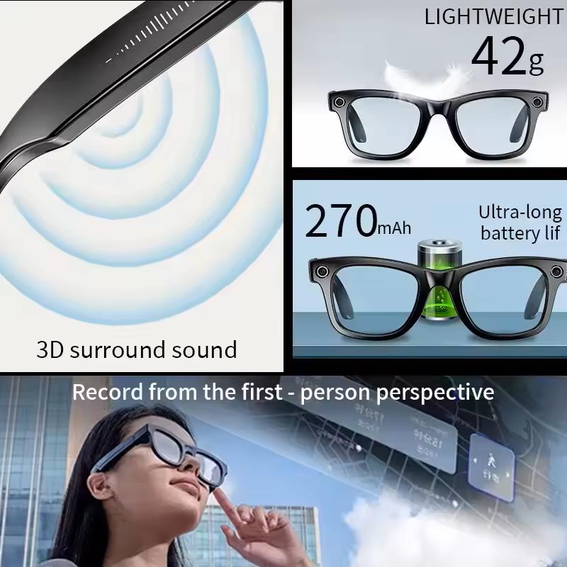 Smart Black Glasses with Camera, AI, 800W, Voice Control, WiFi and Bluetooth, HD1080P Recording, Smart Glasses, Compatible with Android and iOS