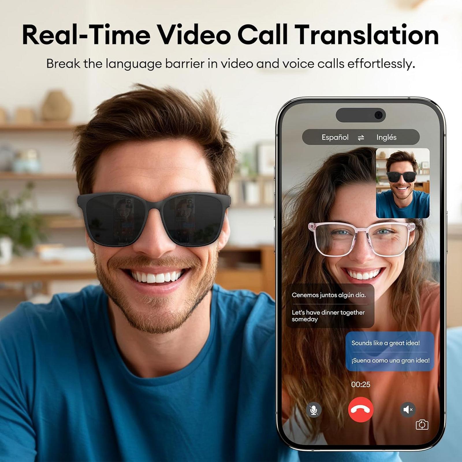 Discover the Revolutionary Features of Smart AI translation audio glasses, real-time app translation in over 160 languages, light-sensitive color-changing lenses